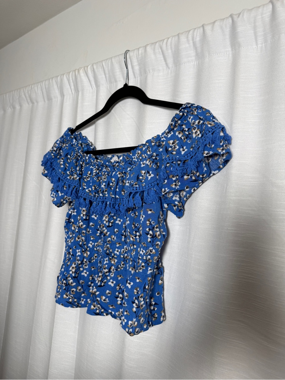 All in Favor Blue Floral Off Shoulder Tassel Ruffle Top | Size L - Picture 6 of 14